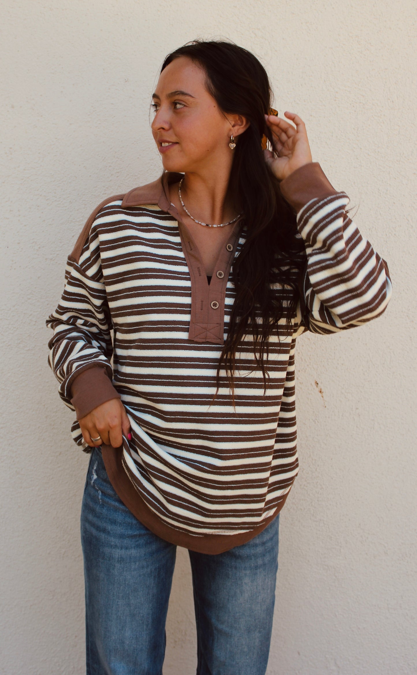 Mocha striped long sleeve top