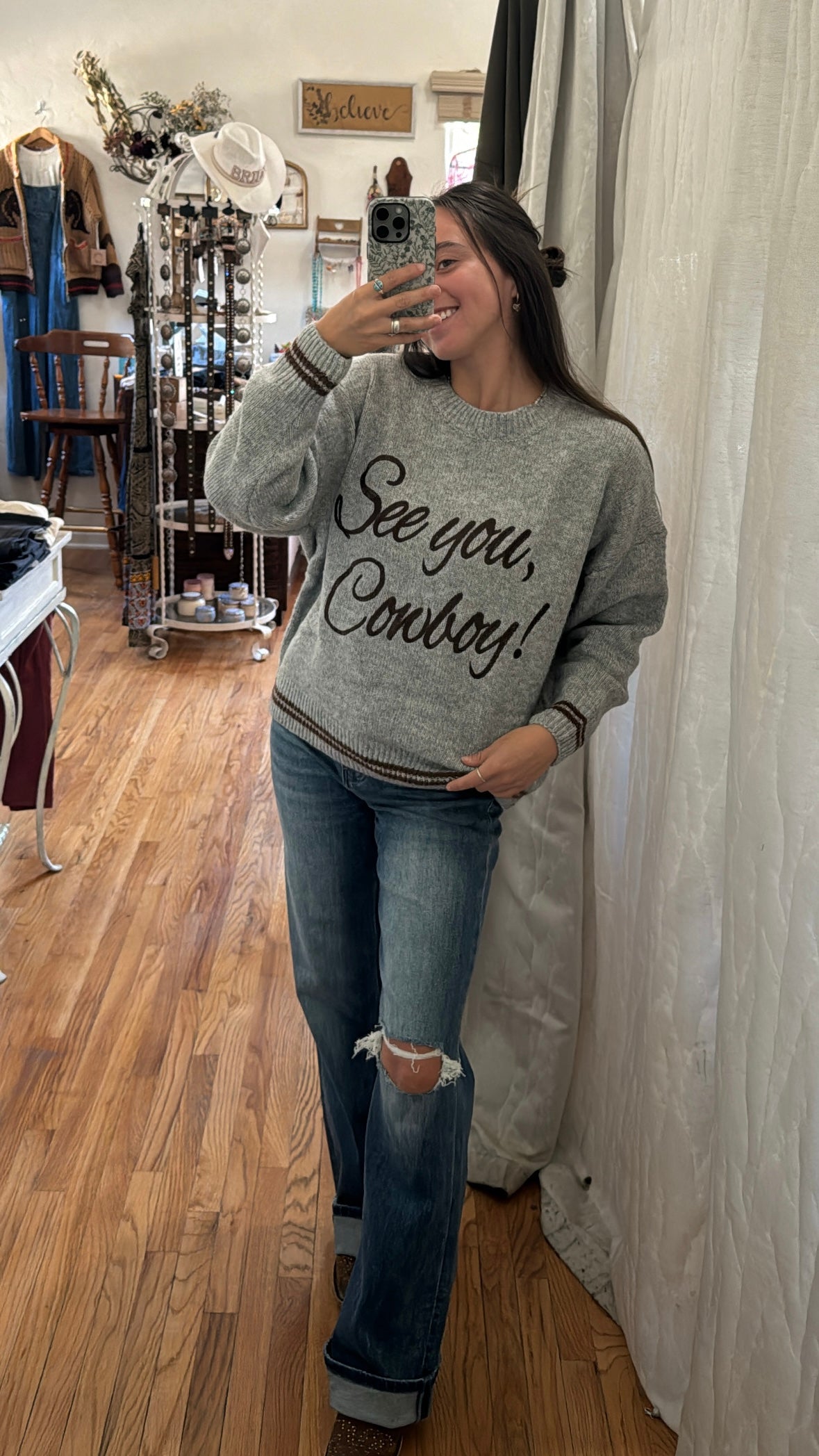 Grey “See You Cowboy” Sweater