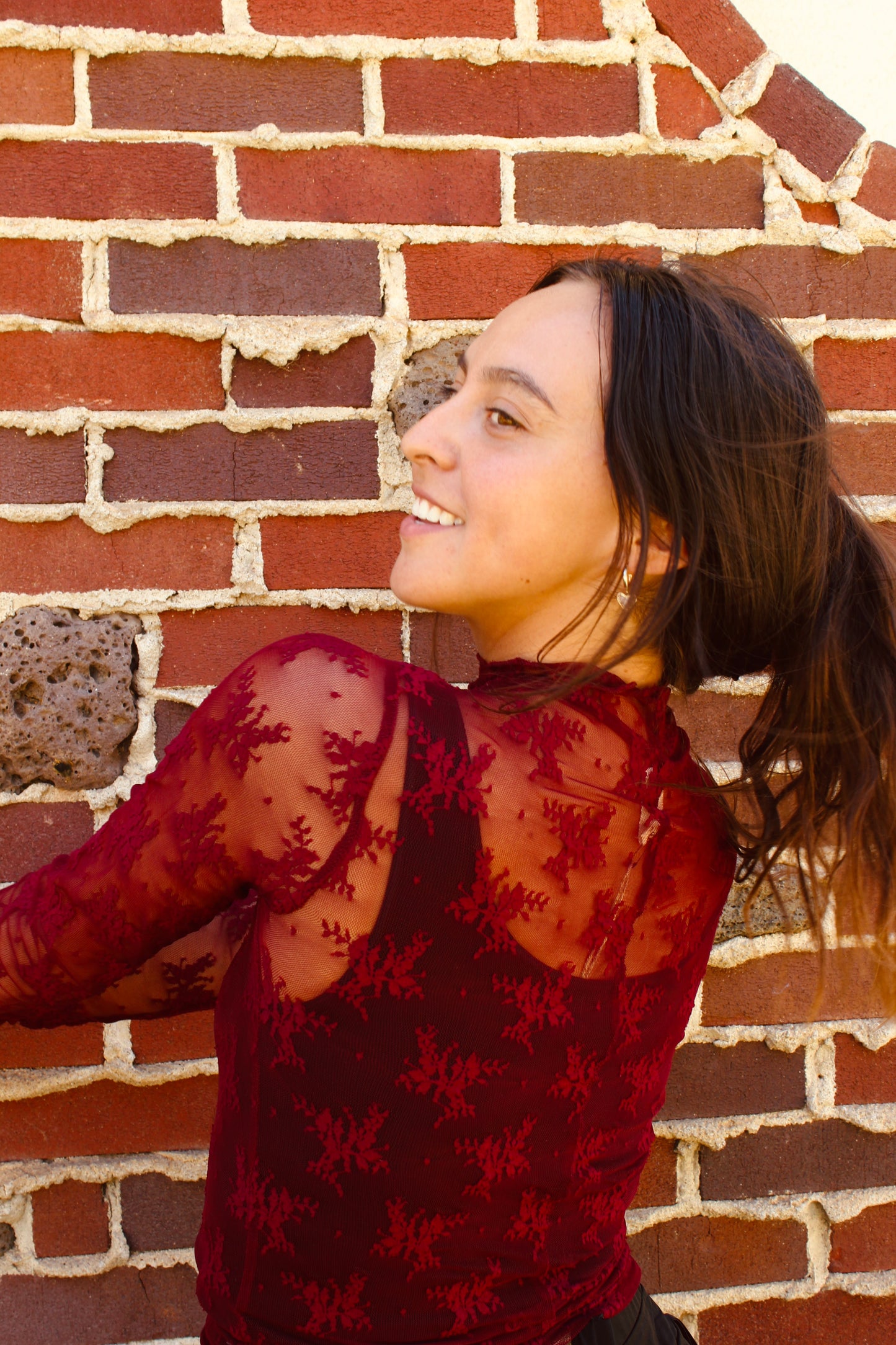 Wine lace sheer top