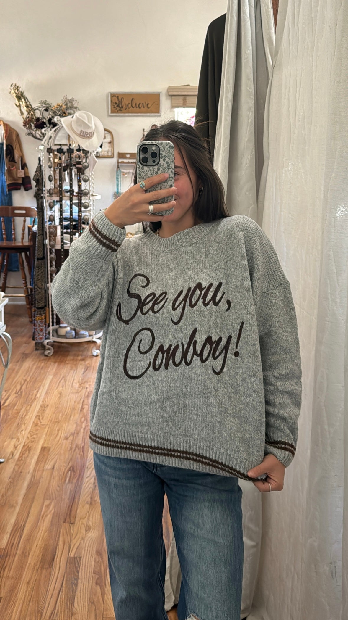 Grey “See You Cowboy” Sweater